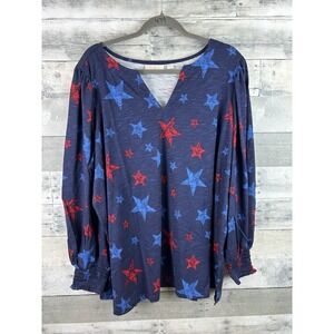 Belle By Kim Gravel Women's Blue 2X Long Sleeve Top With Stars Patriotic